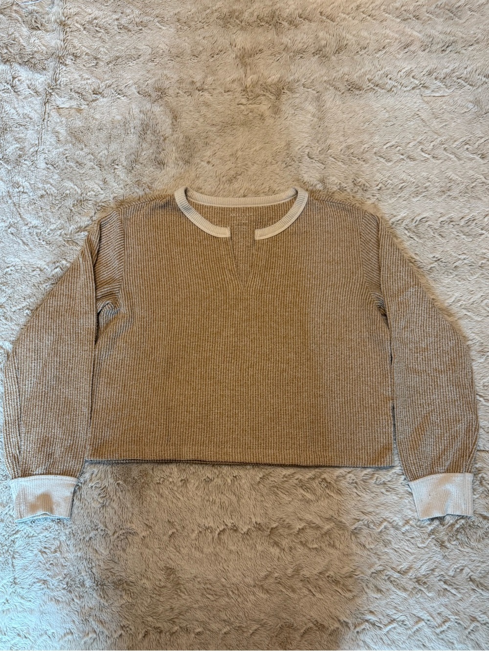 American Eagle Ribbed Cropped Crew Sweater in Beige with Cream Trim